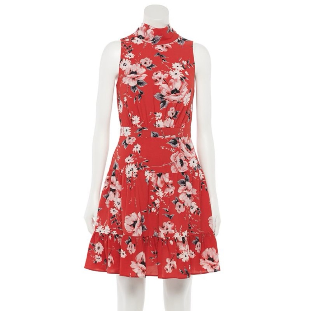 ELLE Red Floral Sleeveless Open Back Mock Neck Tie Mini Dress Size L